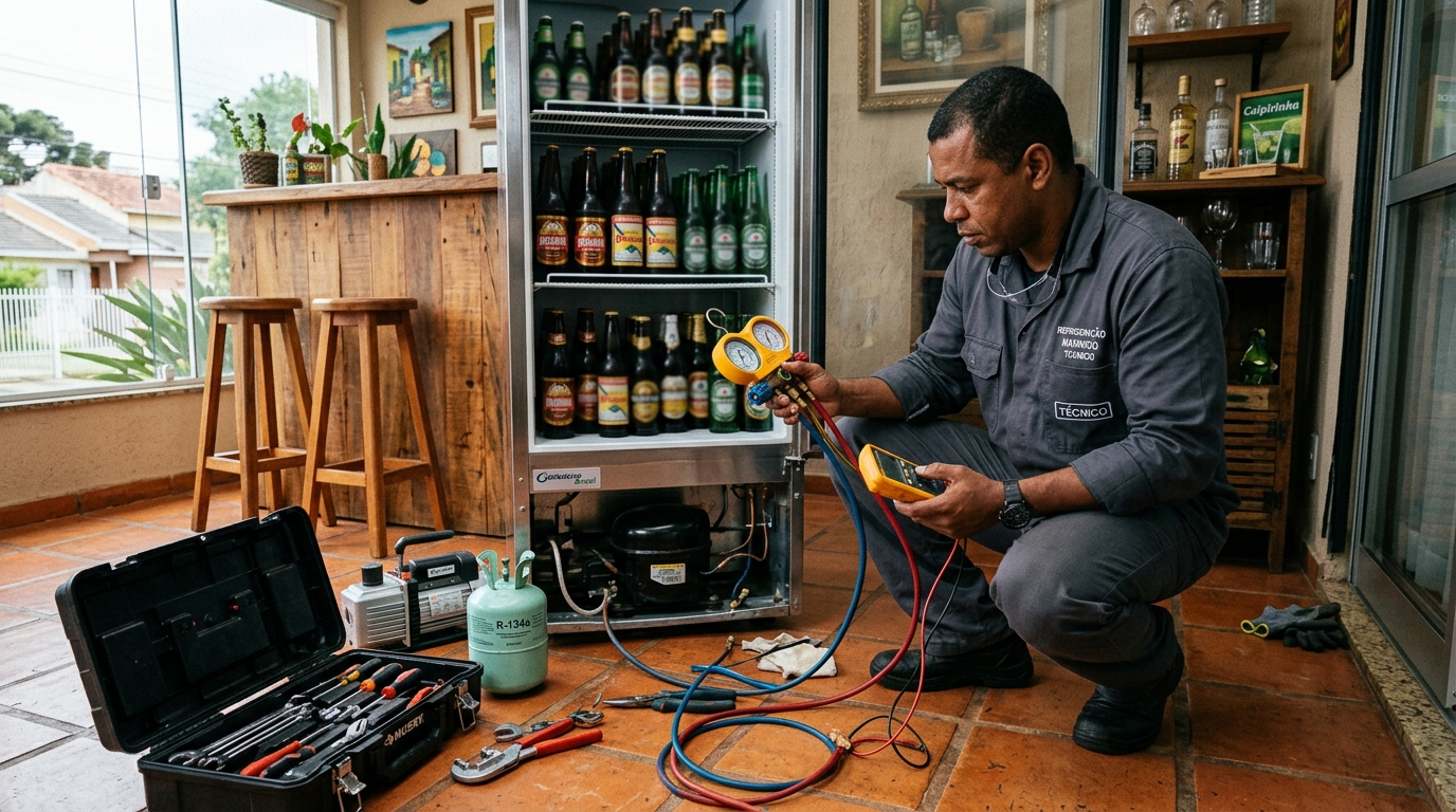 Técnico realizando manutenção de motor de cervejeira na Soledade, Aracaju‑SE