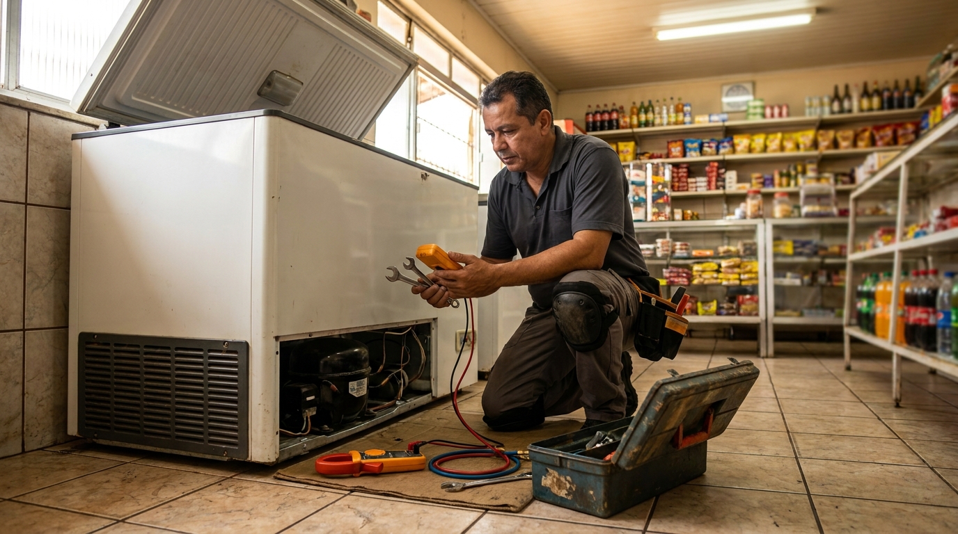 Técnico realizando manutenção de motor de freezer no Centro, Aracaju‑SE