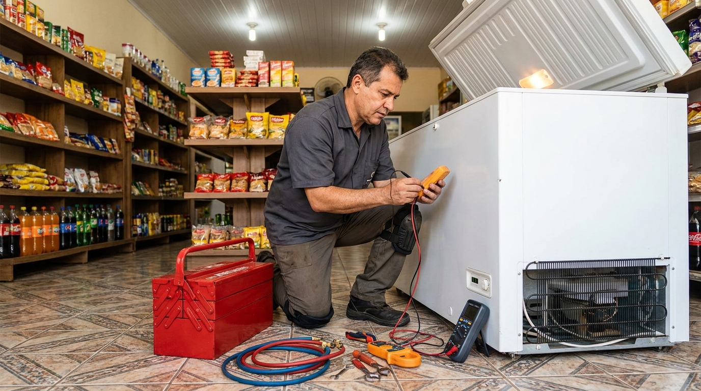 Recarga de gás refrigerante em freezer em atendimento no Centro, Aracaju‑SE