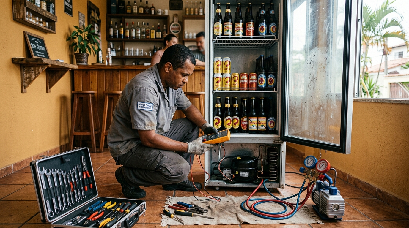 Troca de termostato de cervejeira em atendimento técnico na Soledade, Aracaju‑SE