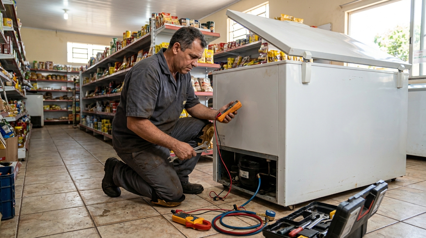 Troca de termostato de freezer em atendimento técnico no Centro, Aracaju‑SE